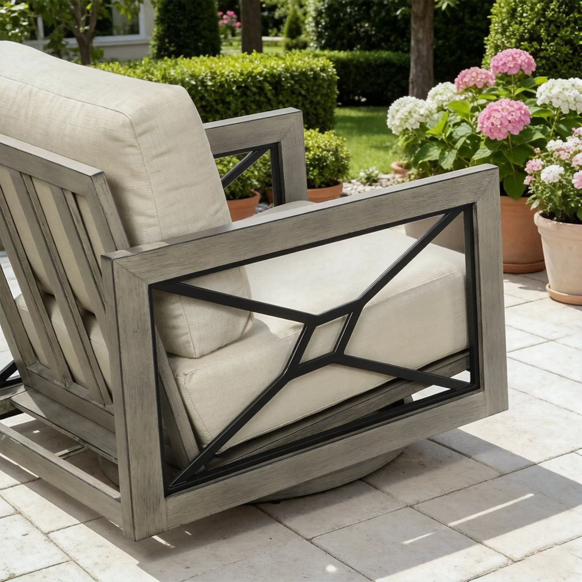 Peak Home Furnishings Marindo 8-Person Faux-Wood Aluminum Swivel Patio Outdoor Salon with Fire Pit Table