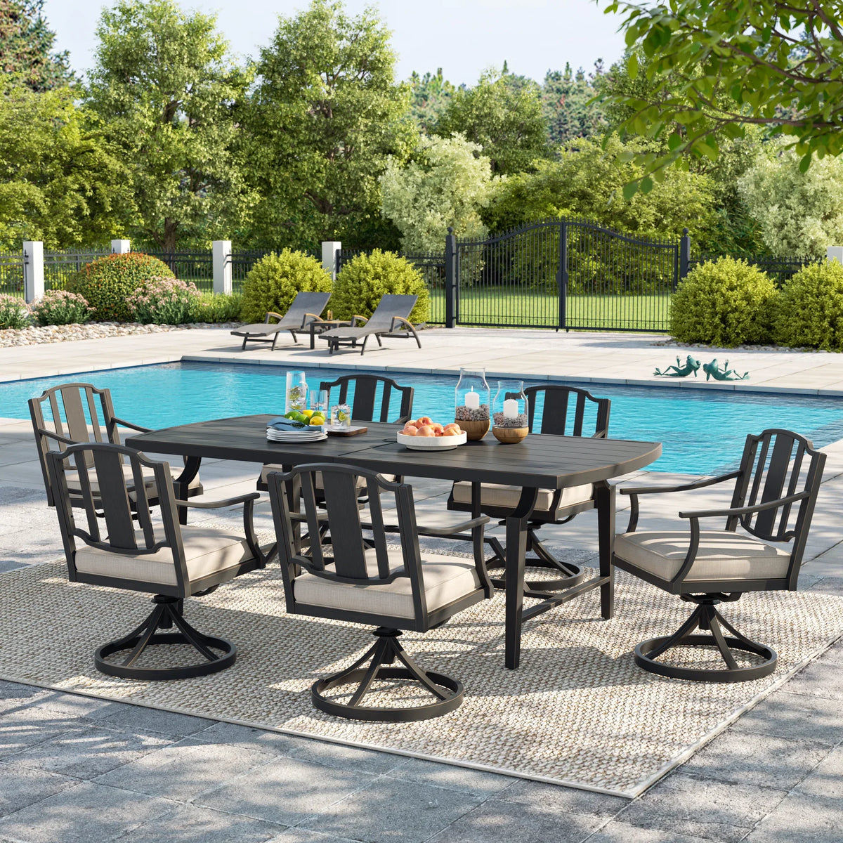 Peak Home Furnishings Tamarin Aluminum Patio Rectangular Dining Table and 6 Dining Swivel Chairs