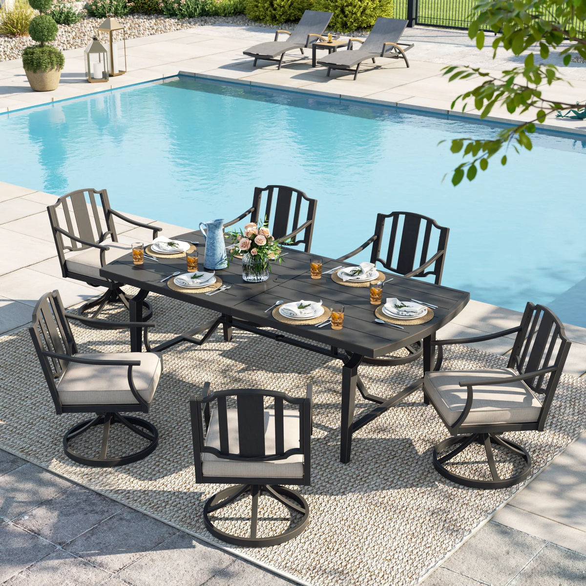 Peak Home Furnishings Tamarin Aluminum Patio Rectangular Dining Table and 6 Dining Swivel Chairs