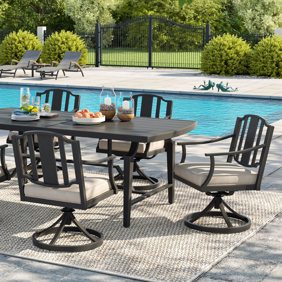 Peak Home Furnishings Tamarin Aluminum Patio Rectangular Dining Table and 6 Dining Swivel Chairs