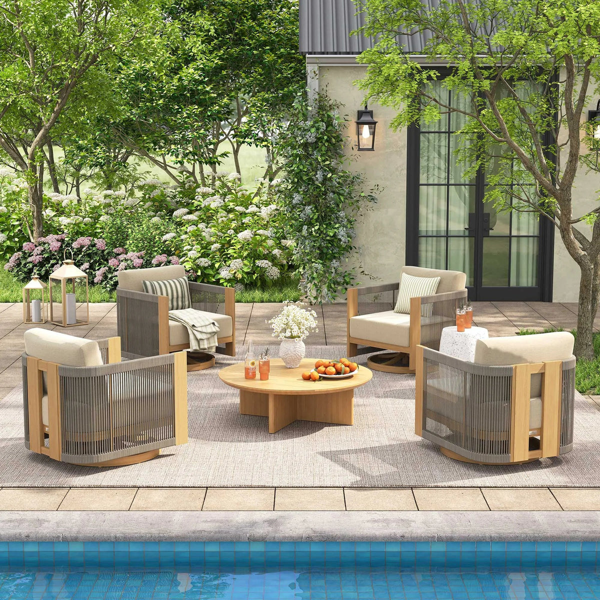 Peak Home Furnishings Positano 5-Piece Swivel Patio Conversation Set with Sunbrella® Cushions