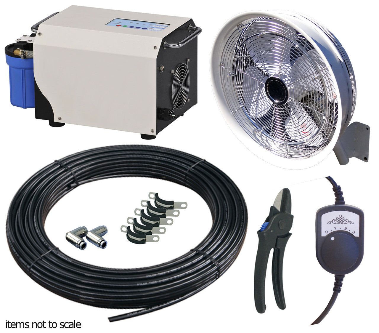 HydroMist USA 1 Wall Mount Misting Fan Package w/ ProMist 35 Pump w/ Filter