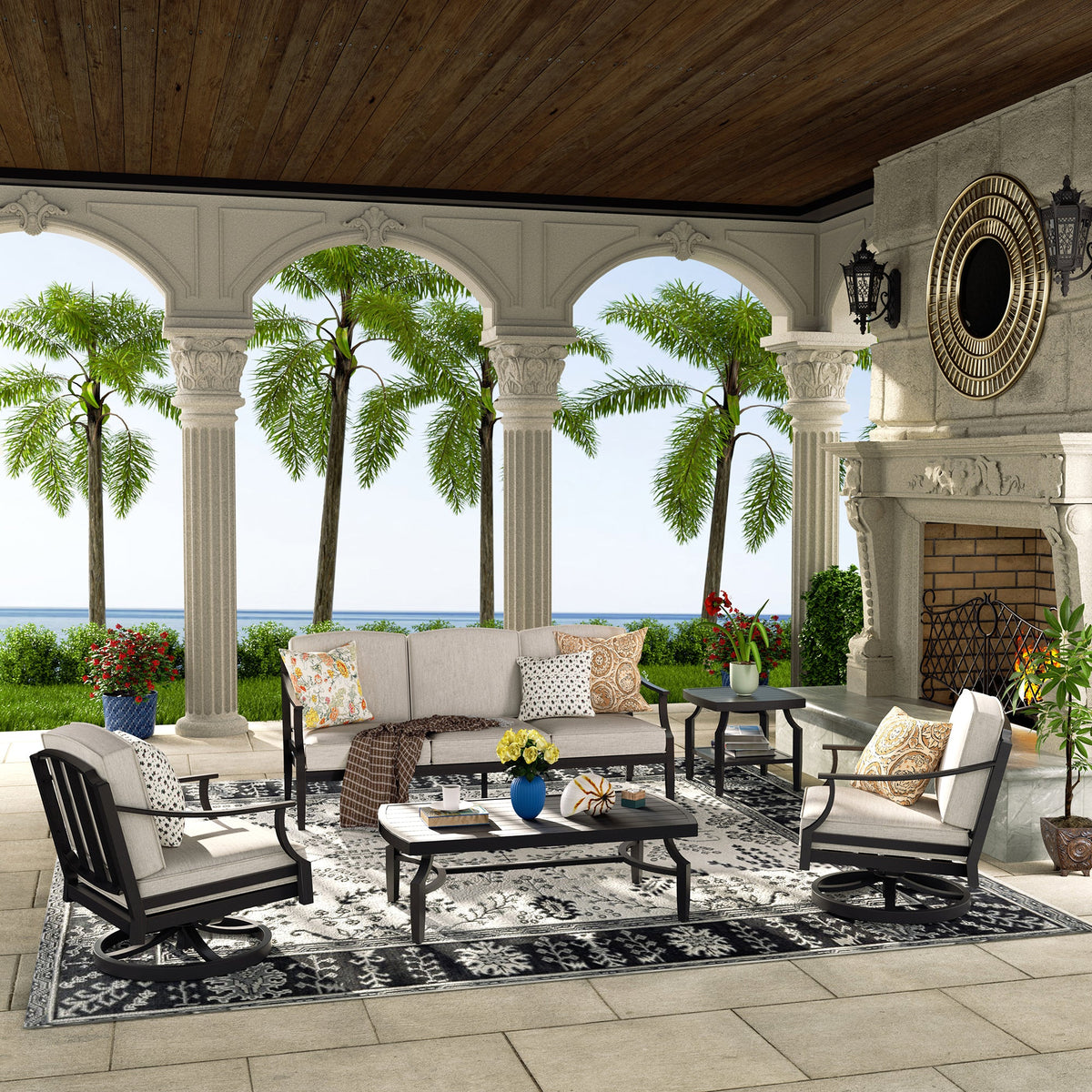 Peak Home Furnishings Tamarin 5-Piece Aluminum Patio Conversation Set With Swivel Chairs