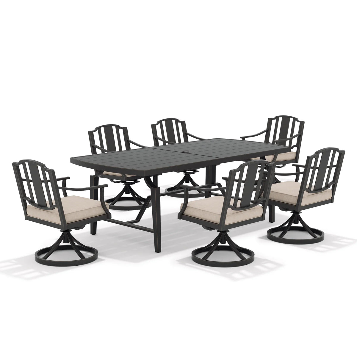 Peak Home Furnishings Tamarin Aluminum Patio Rectangular Dining Table and 6 Dining Swivel Chairs