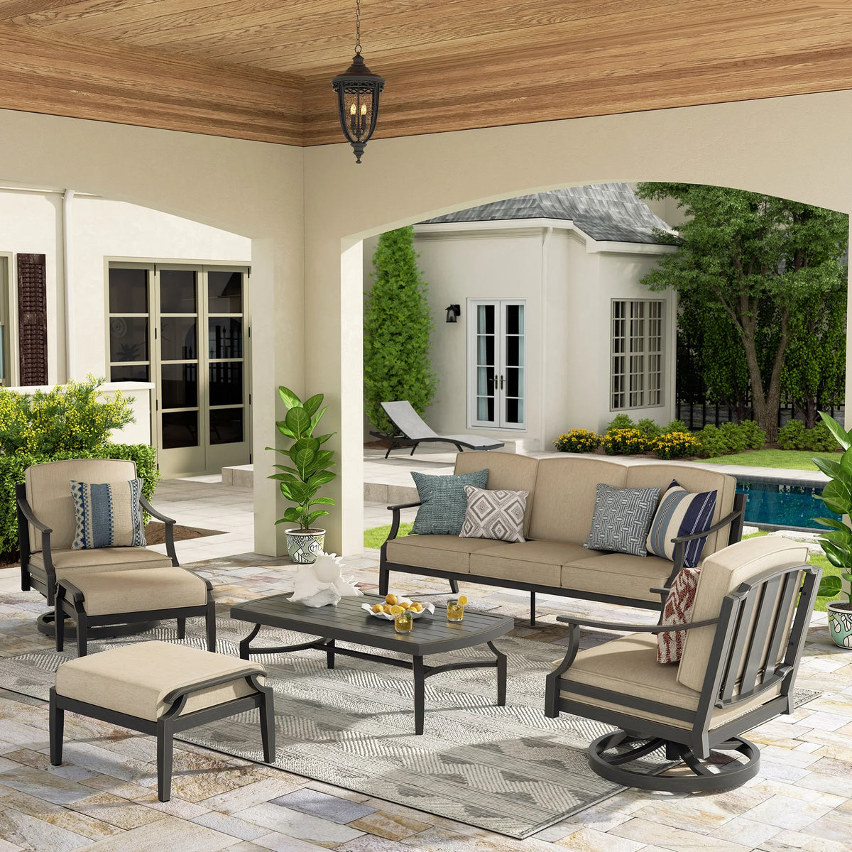 Peak Home Furnishings Tamarin 6-Piece Patio Swivel Conversation Sofa Set with 2 Ottomans