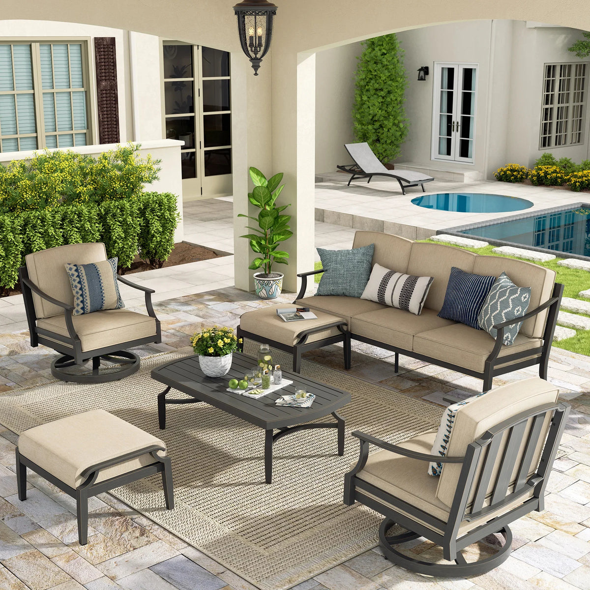 Peak Home Furnishings Tamarin 6-Piece Patio Swivel Conversation Sofa Set with 2 Ottomans