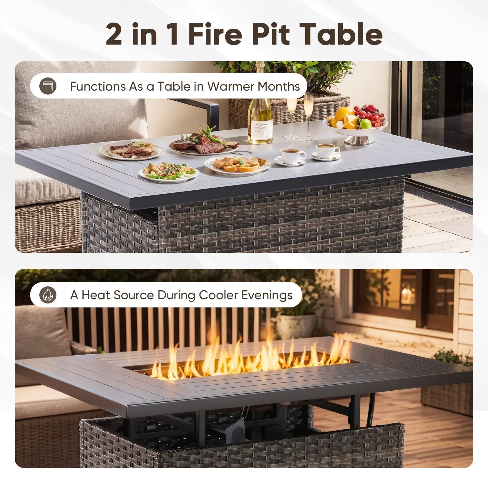 9 Pieces Patio Furniture Sets with Fire Pit Table,Swivel Chairs with 6" Thick Cushion,Sofa and Ottomans,Patio Conversation Sets for Porch Deck Garden Backyard