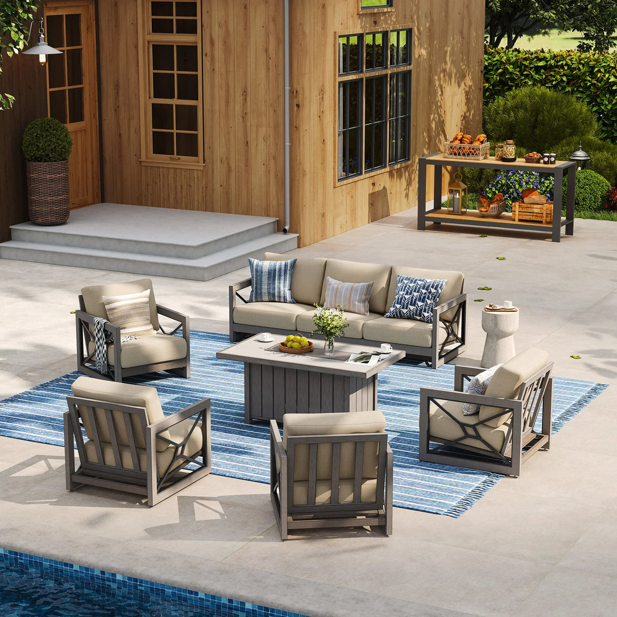 Peak Home Furnishings Marindo 6-Piece Faux-Wood Aluminum Patio Deep Seating Set with Fire Pit Table
