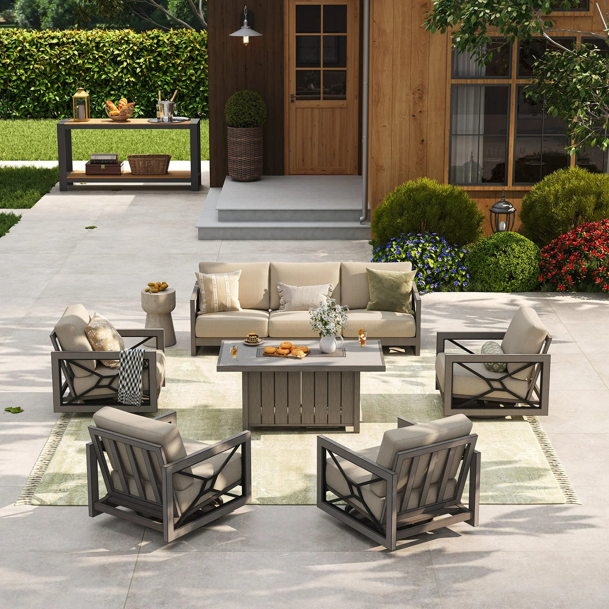Peak Home Furnishings Marindo 6-Piece Faux-Wood Aluminum Swivel Patio Deep Seating Set with Fire Pit Table