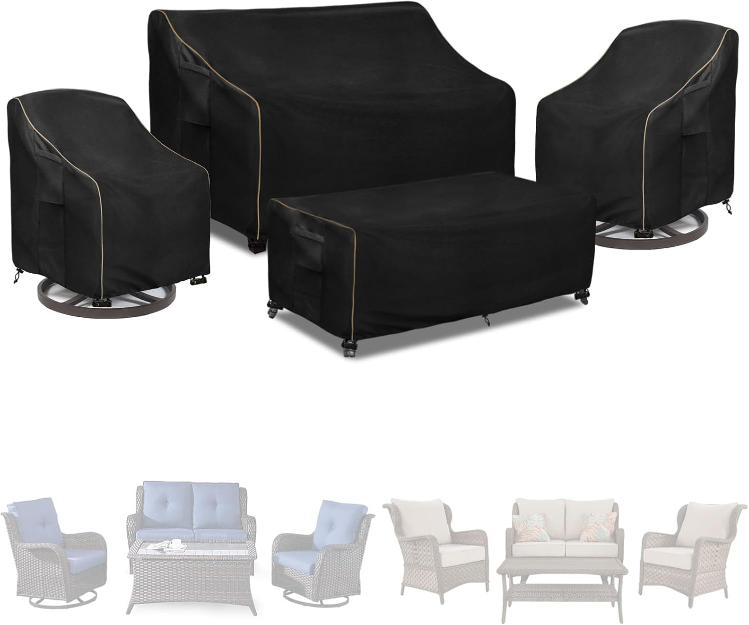Patio Furniture Covers 4 Piece Set, 600D Heavy Duty Outdoor Furniture Covers Waterproof for Patio Loveseat, Swivel Rocker Chair and Coffee Table,Black