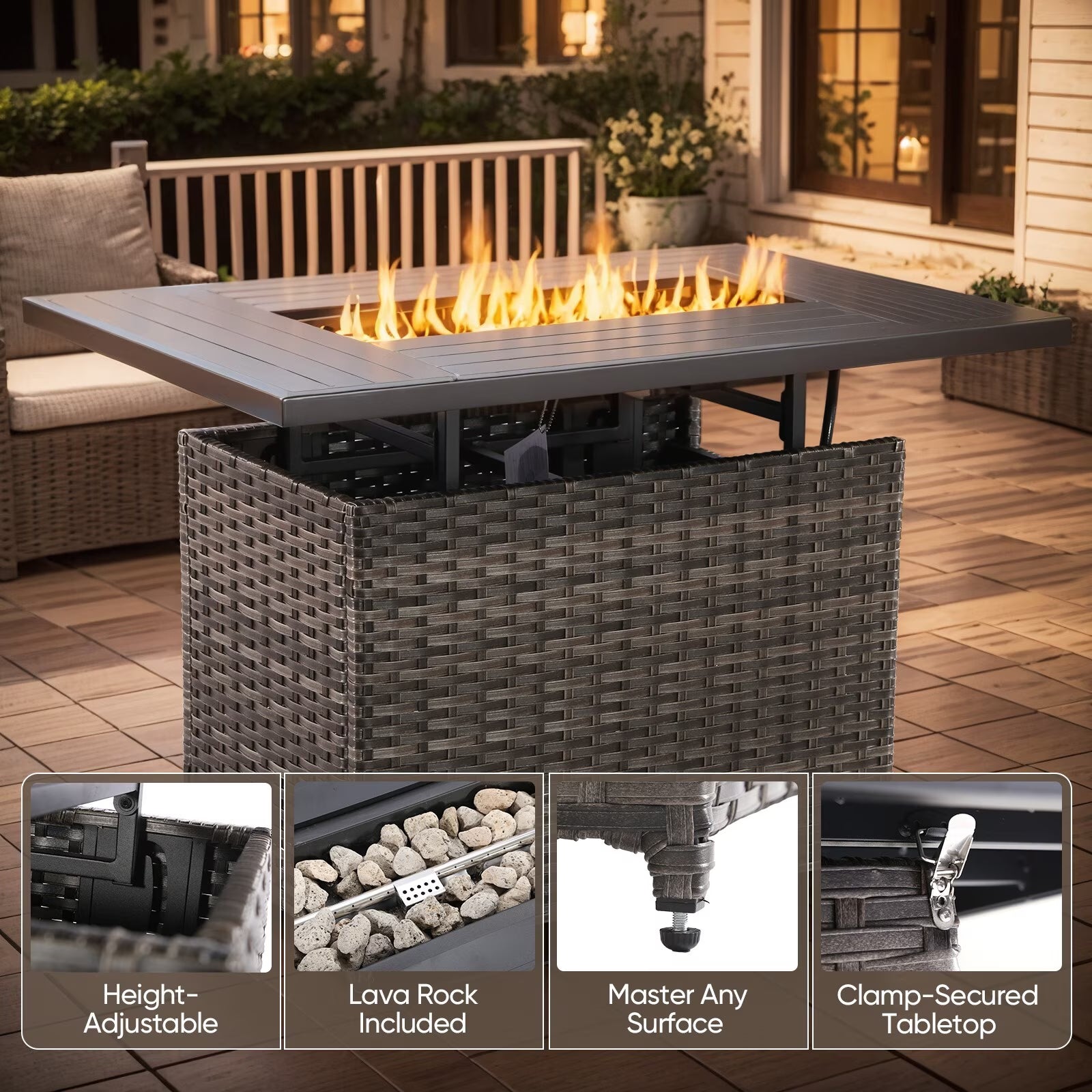 9 Pieces Patio Furniture Sets with Fire Pit Table,Swivel Chairs with 6" Thick Cushion,Sofa and Ottomans,Patio Conversation Sets for Porch Deck Garden Backyard