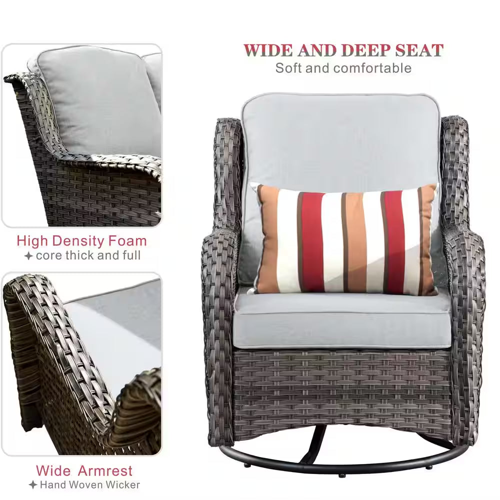 Moonlight Gray 6-Piece Wicker Patio Conversation Seating Sofa Set with Gray Cushions and Swivel Rocking Chairs