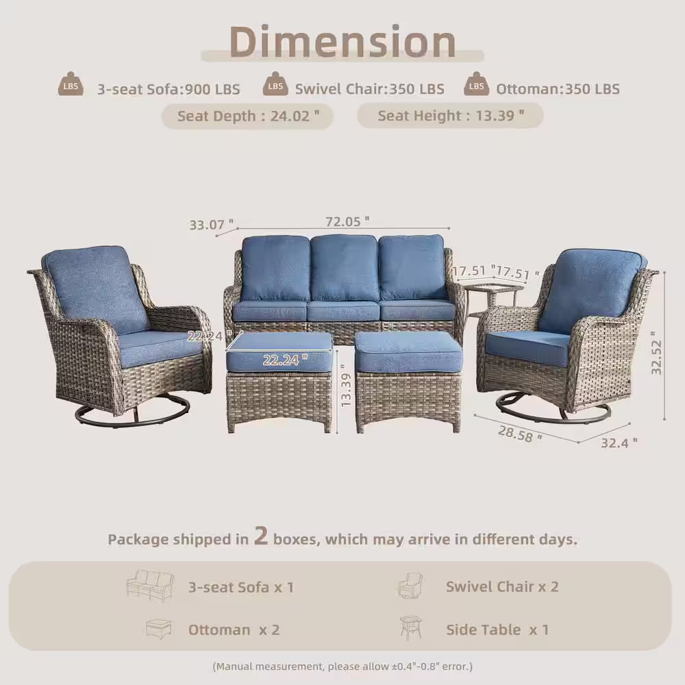 Moonlight Gray 6-Piece Wicker Patio Conversation Seating Sofa Set with Gray Cushions and Swivel Rocking Chairs