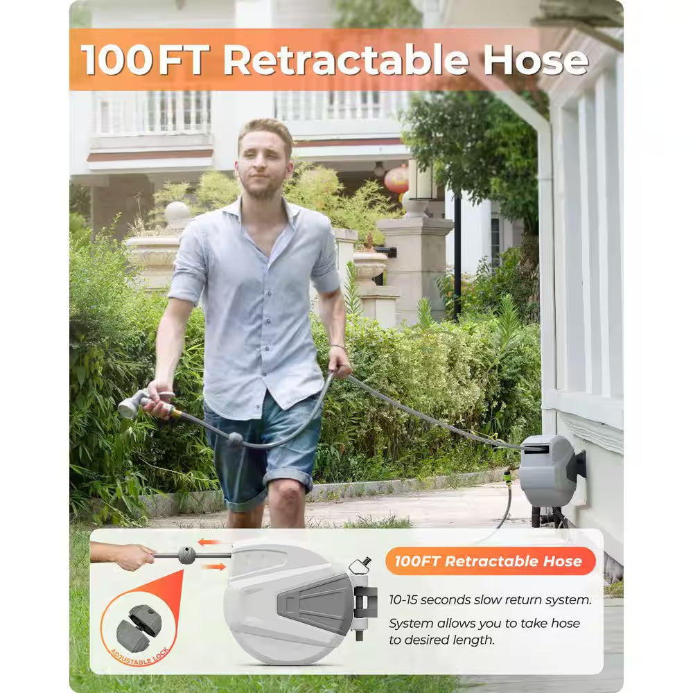 Slow Return Wall Mounted Hose Reel with 1/2 In. X 100 Ft. Retractable Hose 9 Pattern Sprayer 180° Swivel Bracket