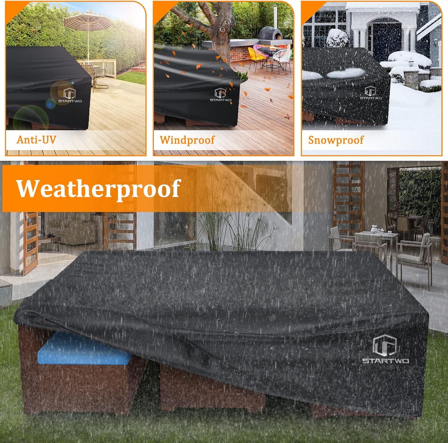 Patio Furniture Covers Waterproof, Anti-Uv Tear-Resistant 500D Heavy Duty 7-12 Seats Outdoor Furniture Cover for Sectional Sofa, Patio Table Cover, 98"X78"X28", Black