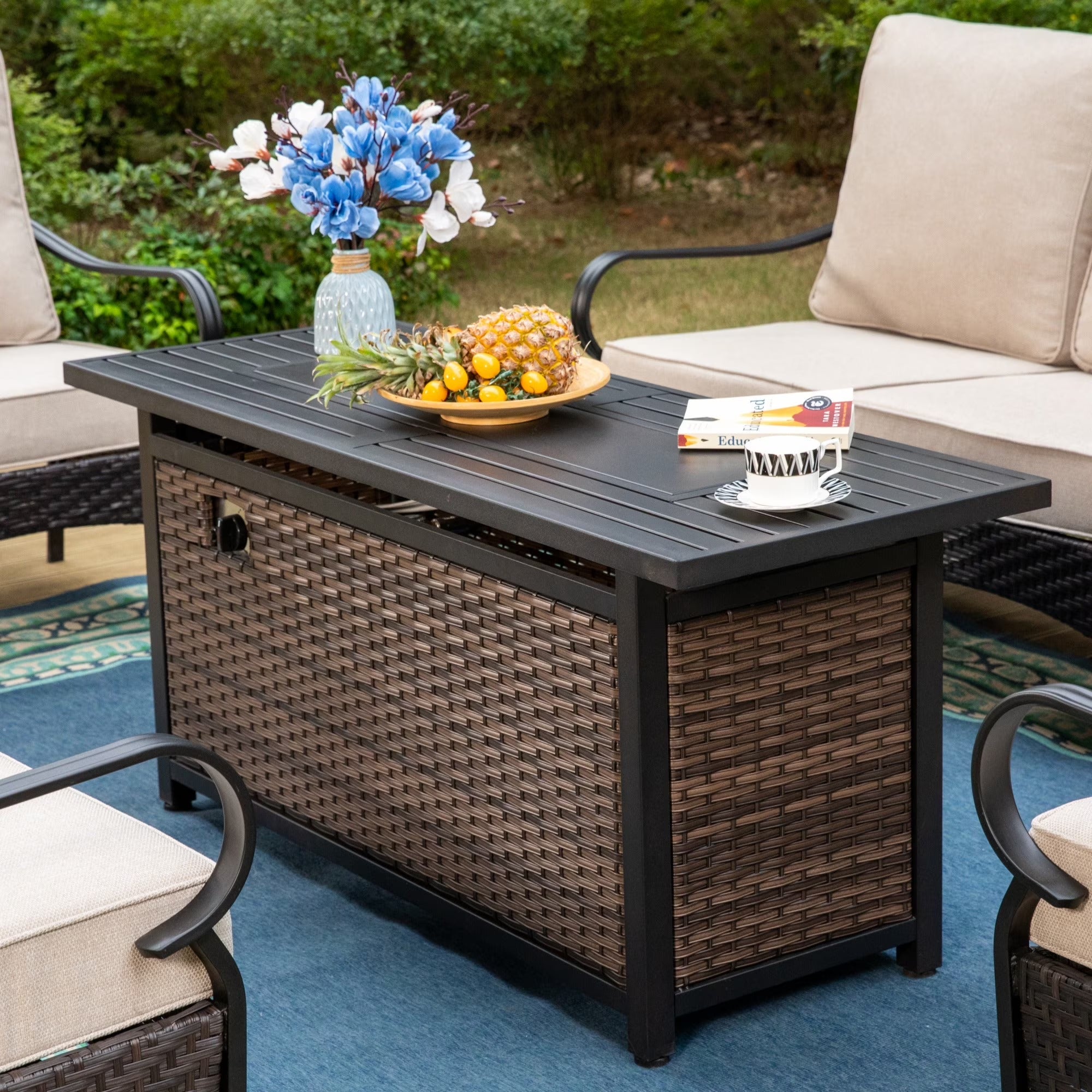 9-Seat Outdoor Patio Furniture Set with 56” Fire Pit Table, Patio Fire Pit Set with Rocking Chairs & Ottomans, 8-Piece Outdoor Conversation Set, Beige