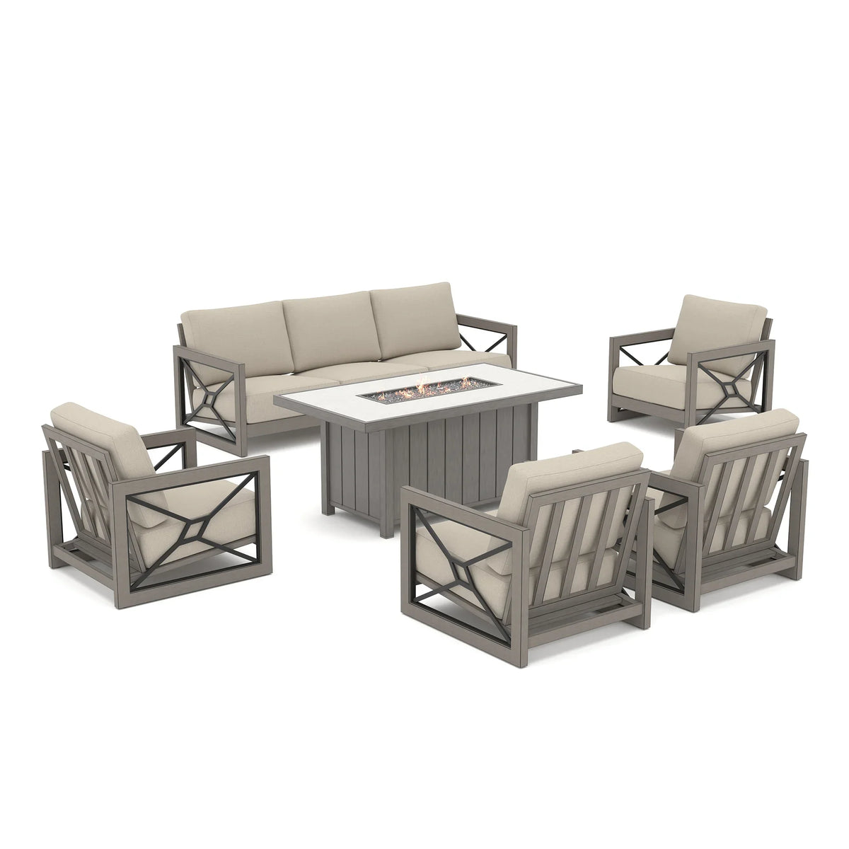 Peak Home Furnishings Marindo 6-Piece Faux-Wood Aluminum Patio Deep Seating Set with Fire Pit Table