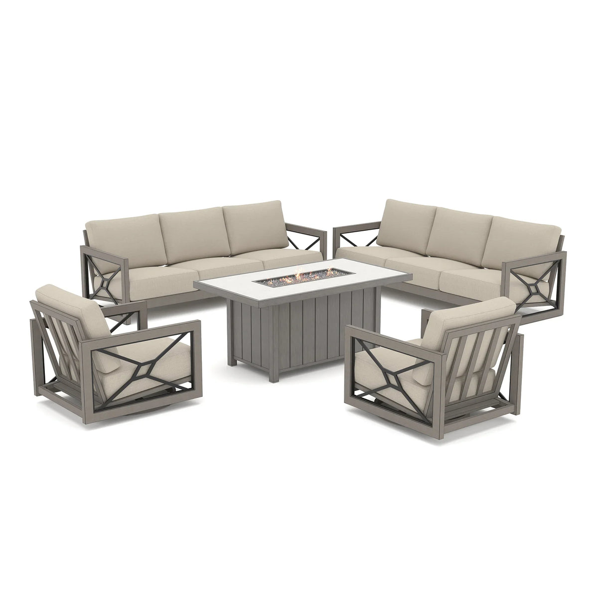 Peak Home Furnishings Marindo 8-Person Faux-Wood Aluminum Swivel Patio Outdoor Salon with Fire Pit Table