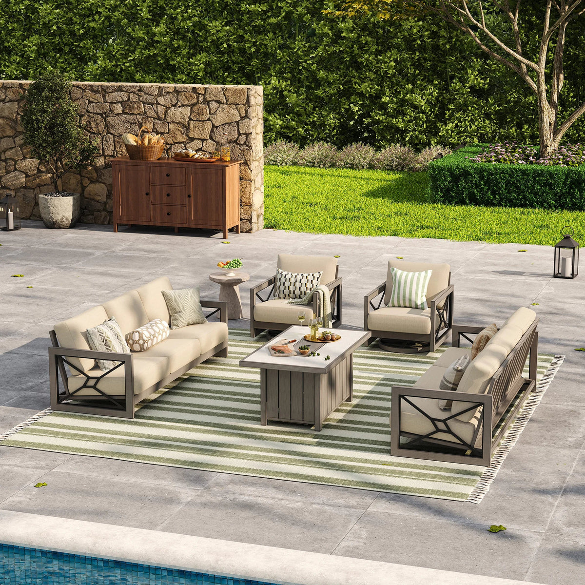 Peak Home Furnishings Marindo 8-Person Faux-Wood Aluminum Swivel Patio Outdoor Salon with Fire Pit Table