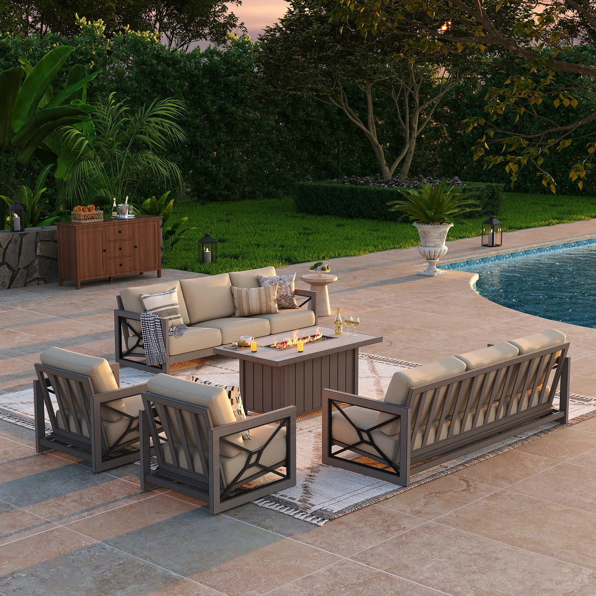 Peak Home Furnishings Marindo 8-Person Faux-Wood Aluminum Patio Outdoor Salon with Fire Pit Table