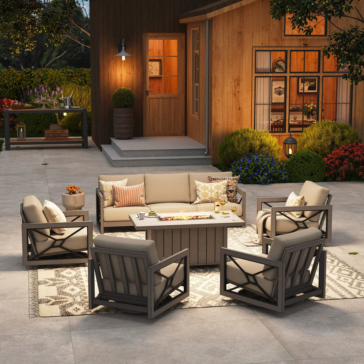 Peak Home Furnishings Marindo 6-Piece Faux-Wood Aluminum Swivel Patio Deep Seating Set with Fire Pit Table