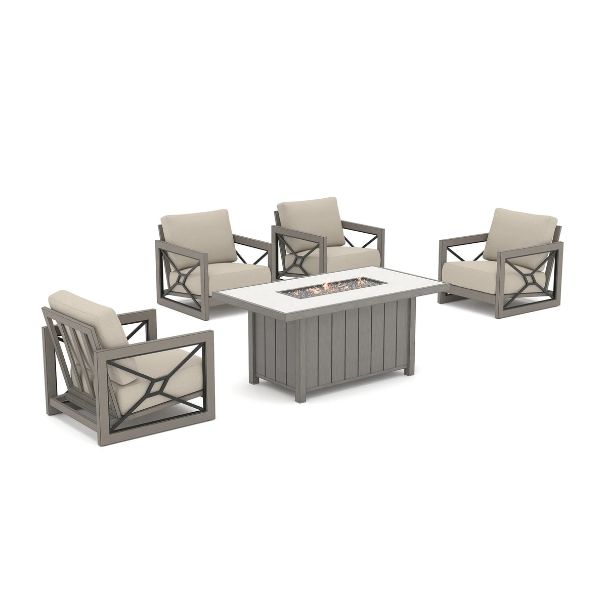 Peak Home Furnishings Marindo 5-Piece Faux-Wood Aluminum Patio Fire Centerpiece Gathering Combo