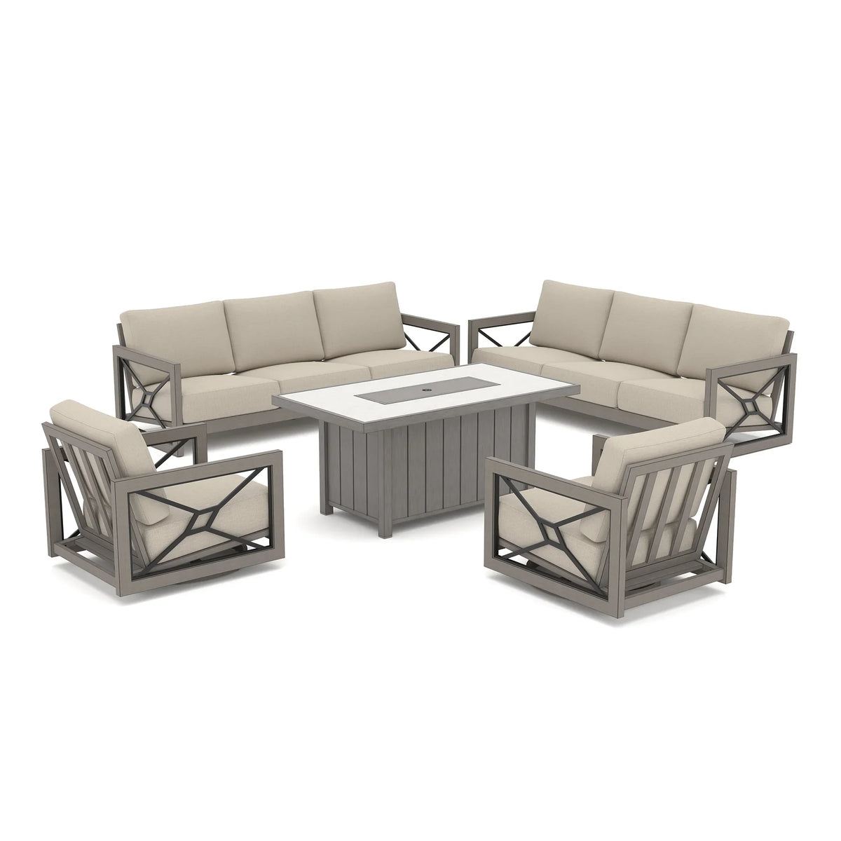 Peak Home Furnishings Marindo 8-Person Faux-Wood Aluminum Swivel Patio Outdoor Salon with Fire Pit Table