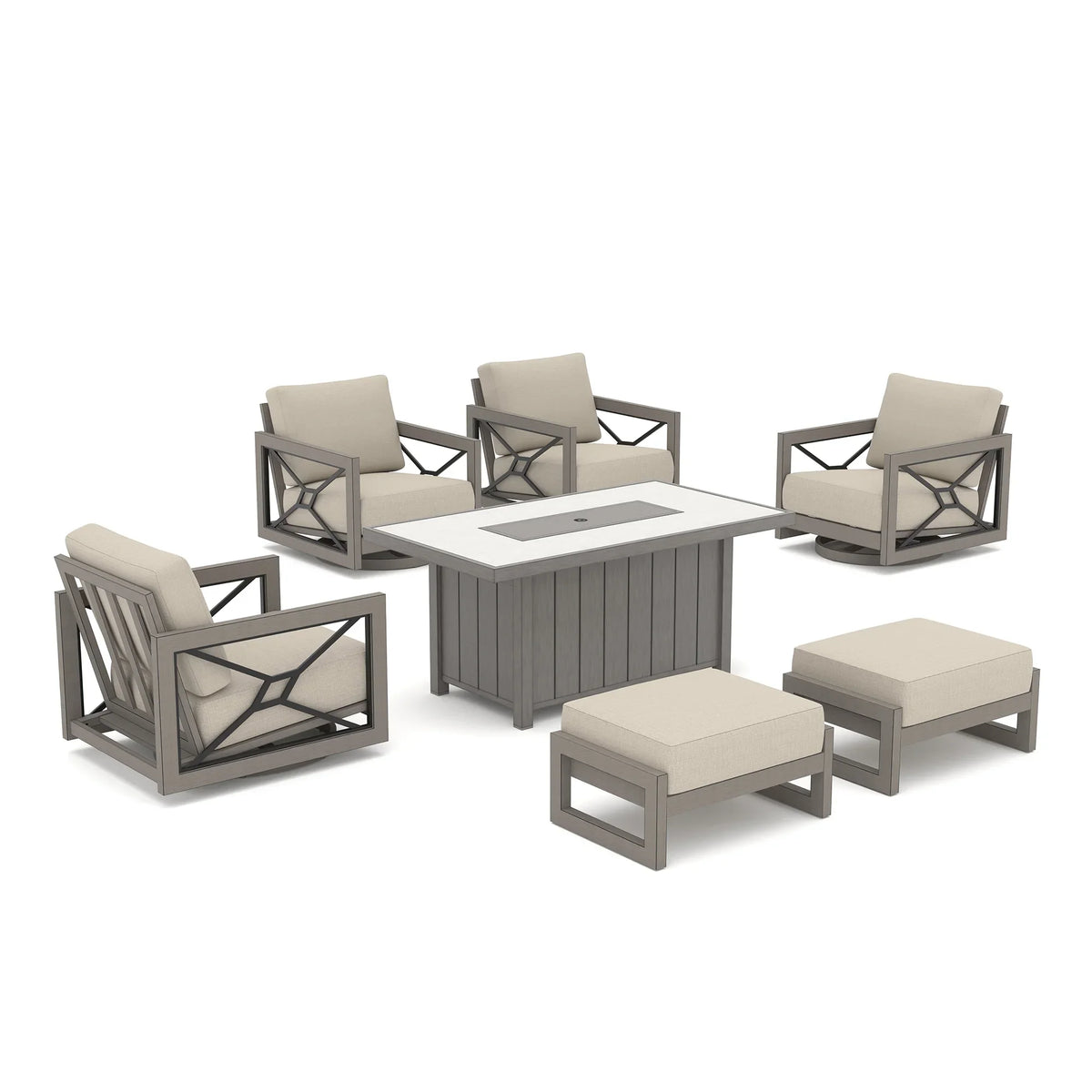 Peak Home Furnishings Marindo 7-Piece Aluminum Patio Conversational Swivel Eco-Lounge with Fire Table
