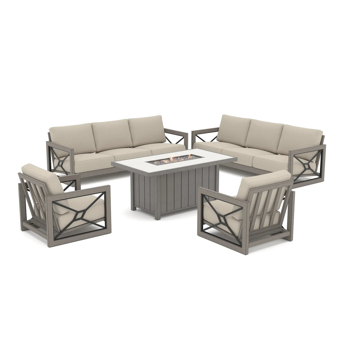 Peak Home Furnishings Marindo 8-Person Faux-Wood Aluminum Patio Outdoor Salon with Fire Pit Table