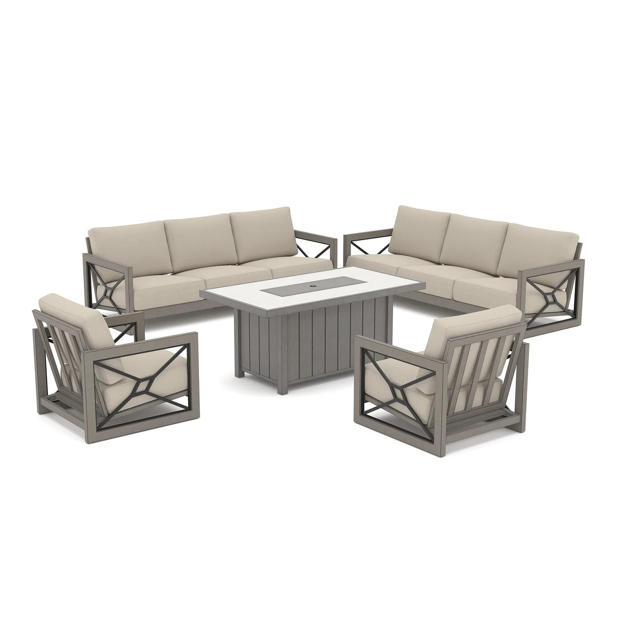 Peak Home Furnishings Marindo 8-Person Faux-Wood Aluminum Patio Outdoor Salon with Fire Pit Table