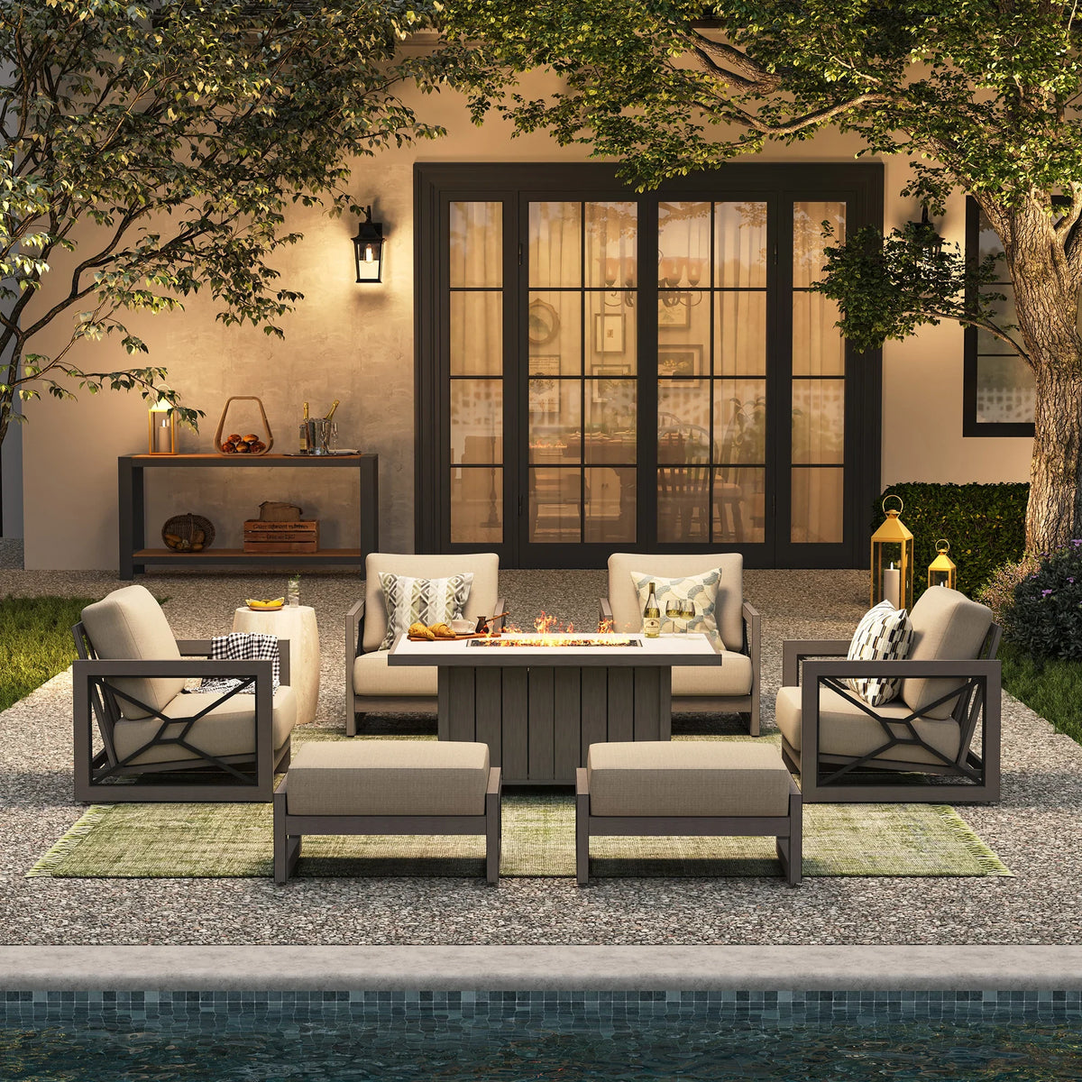 Peak Home Furnishings Marindo 7-Piece Aluminum Multi-Flex Fire Chat Suite with Ottomans