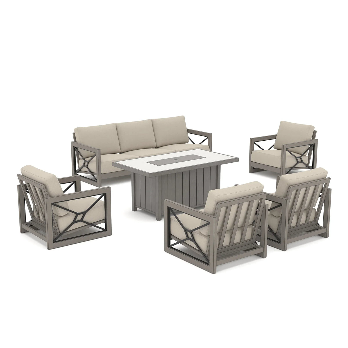 Peak Home Furnishings Marindo 6-Piece Faux-Wood Aluminum Patio Deep Seating Set with Fire Pit Table