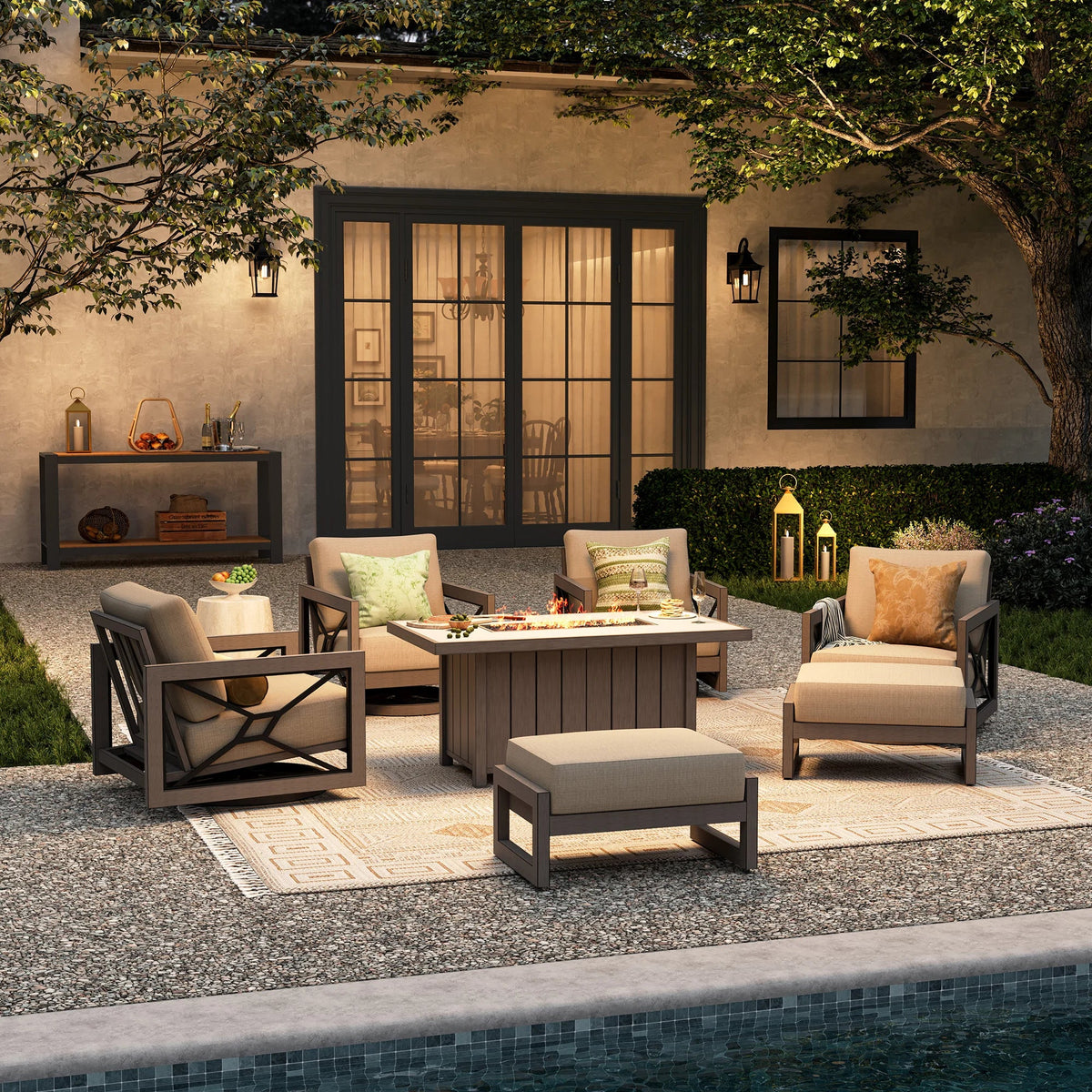 Peak Home Furnishings Marindo 7-Piece Aluminum Patio Conversational Swivel Eco-Lounge with Fire Table