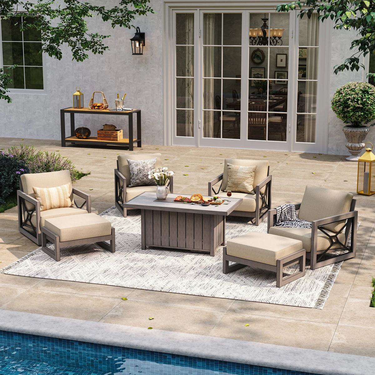 Peak Home Furnishings Marindo 7-Piece Aluminum Multi-Flex Fire Chat Suite with Ottomans
