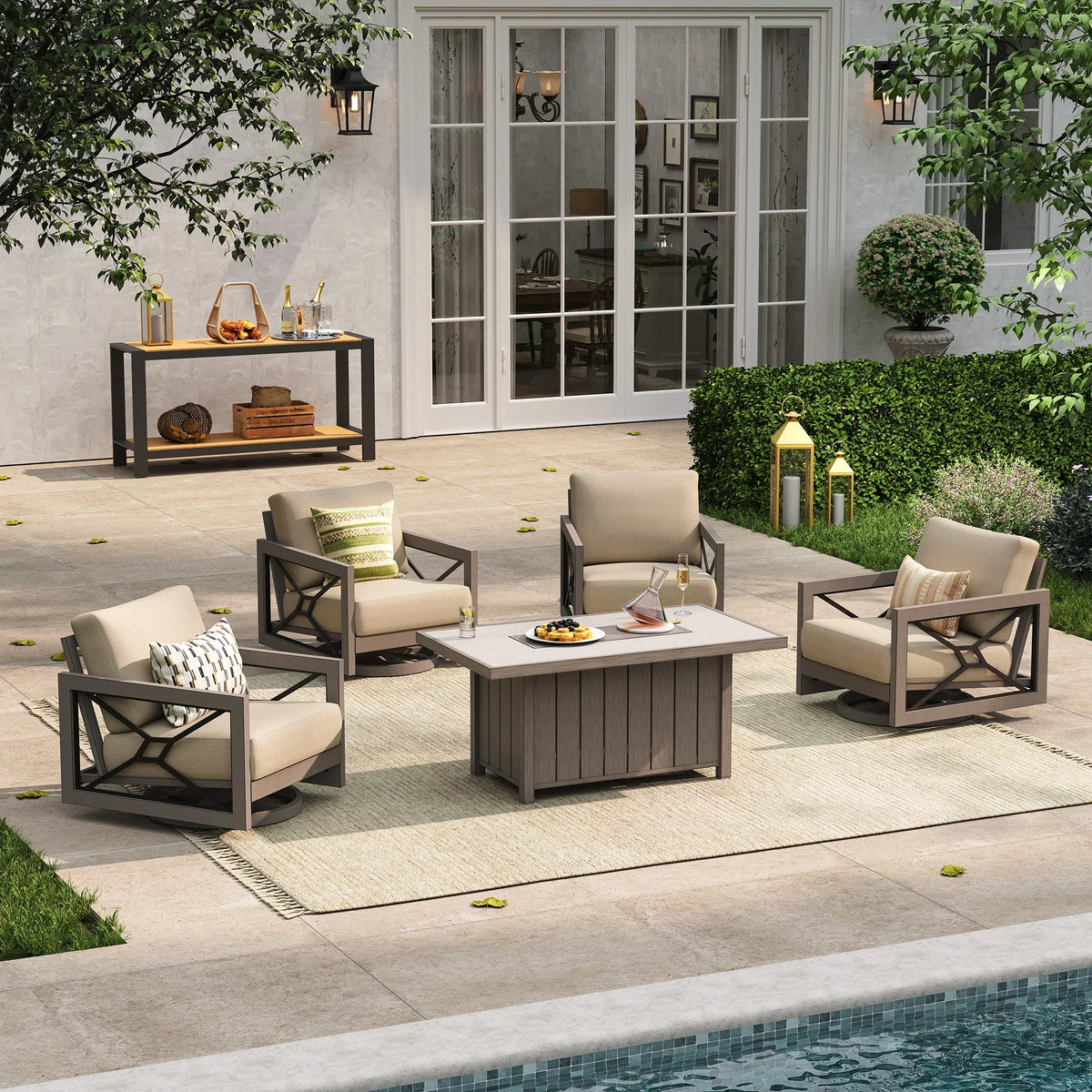 Peak Home Furnishings Marindo 5-Piece Faux-Wood Aluminum Swivel Patio Fire Chat Retreat