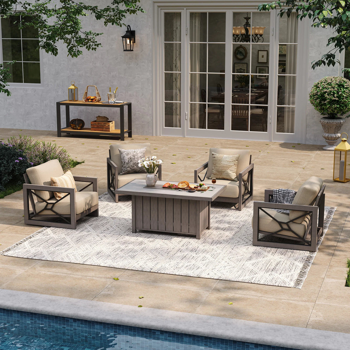 Peak Home Furnishings Marindo 5-Piece Faux-Wood Aluminum Patio Fire Centerpiece Gathering Combo