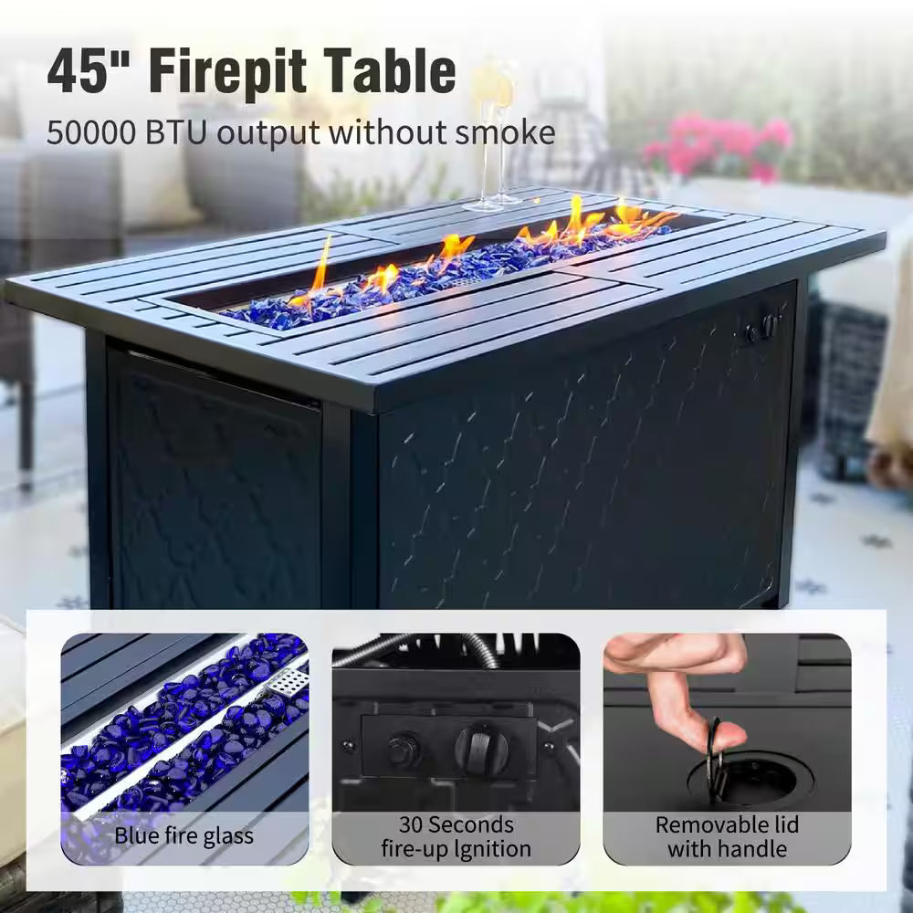 Rattan 9 Seat 8-Piece Outdoor Patio Metal Conversation Set with Beige Cushions, Swivel Chairs and Fire Pit Table