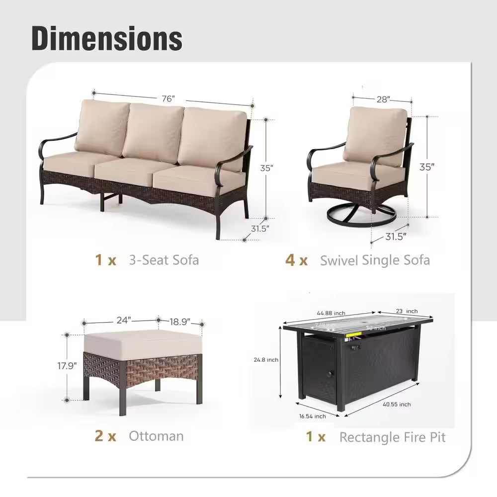 Rattan 9 Seat 8-Piece Outdoor Patio Metal Conversation Set with Beige Cushions, Swivel Chairs and Fire Pit Table