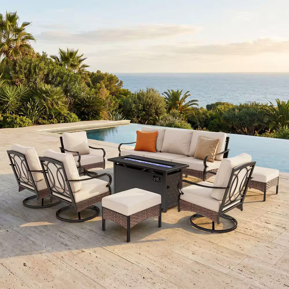 Rattan 9 Seat 8-Piece Outdoor Patio Metal Conversation Set with Beige Cushions, Swivel Chairs and Fire Pit Table