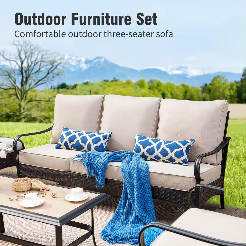 Rattan 9 Seat 8-Piece Outdoor Patio Metal Conversation Set with Beige Cushions, Swivel Chairs and Fire Pit Table