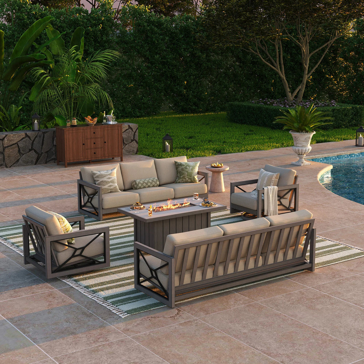 Peak Home Furnishings Marindo 8-Person Faux-Wood Aluminum Swivel Patio Outdoor Salon with Fire Pit Table